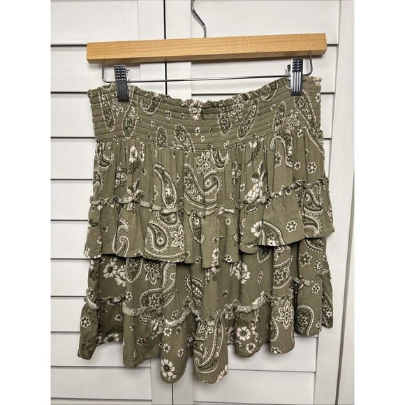 Aerie Paisley Print Smocked Tiered Ruffle Pull On Mini Skirt Size Medium - Picture 7 of 9